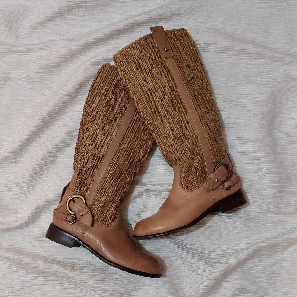 Anthropologie Tan/brown Leather Woven Over the Knee Riding Boots Size 6